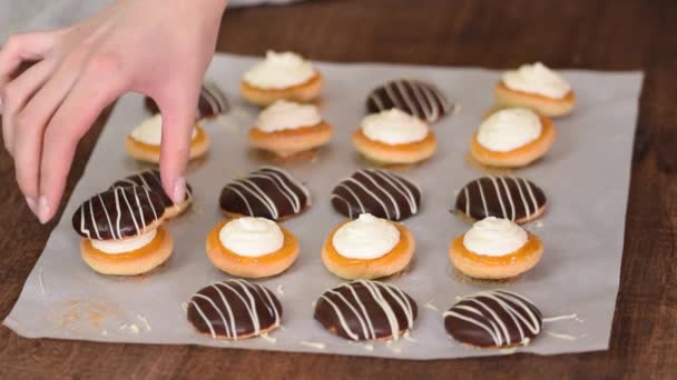 Making Homemade Cookies with Apricot Jam and Whipping Cream. — Stock Video