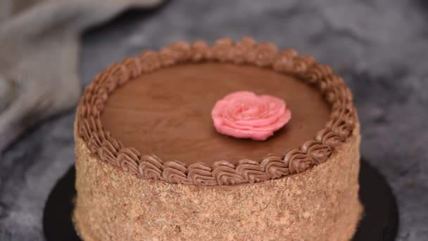 Weibliche Hände dekorieren selbst gebackenen Kiewer Kuchen mit Sahneblumen. — Stockvideo