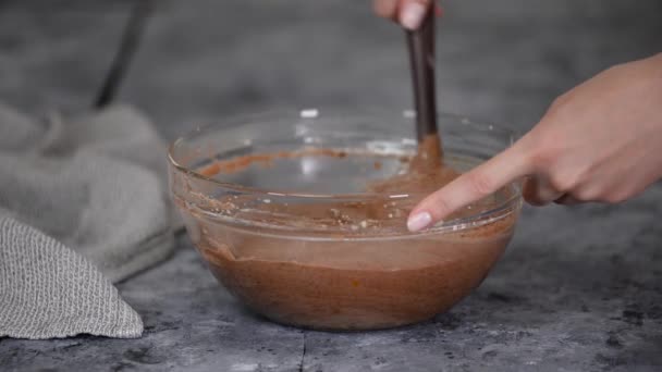 Vrouwelijke handen mengen het chocoladebeslag voor taart — Stockvideo