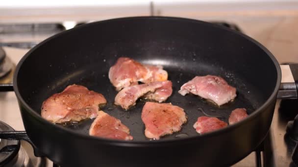 Τηγανίστε χοιρινό κρέας σε τηγάνι. — Αρχείο Βίντεο