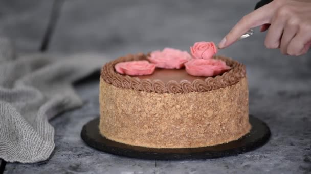 Konditor dekoriert die Torte mit Blüten aus der Sahne. — Stockvideo