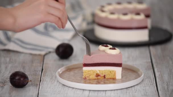 Stuk heerlijke mousse cake met slagroom en pruimengelei. — Stockvideo