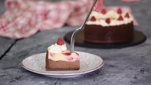 Piece of chocolate raspberry cheesecake with whipping cream. — Stock Video