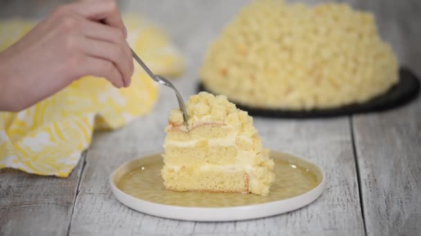 Traditionell italiensk dessert, hemlagad Mimosa tårta. Kexkaka med vaniljsås, vispgrädde och ananas. — Stockvideo