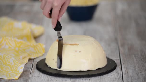 Mulher faz bolo de mimosa tradicional com abacaxi. — Vídeo de Stock