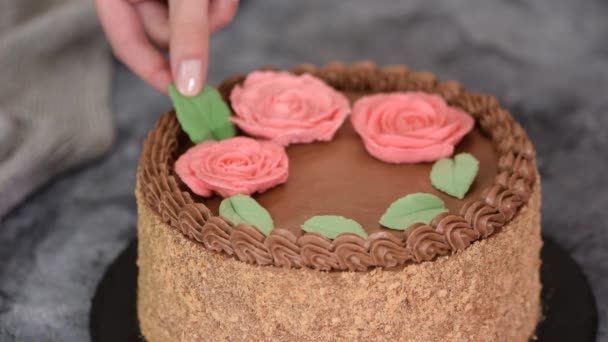 Le mani femminili decorano la torta di Kiev fatta in casa con fiori e foglie di crema. — Video Stock