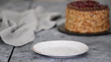 Kirazlı bir parça lezzetli çikolatalı pasta..