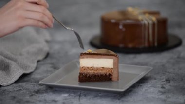 Bir parça çikolatalı, karamelli, fıstıklı, kremalı pasta, tabakta snickers..