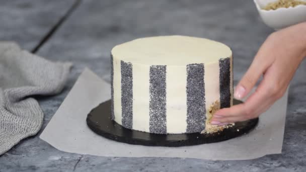 Unrecognizable donna pasticcere decorazione torta con noci e semi di papavero. — Video Stock