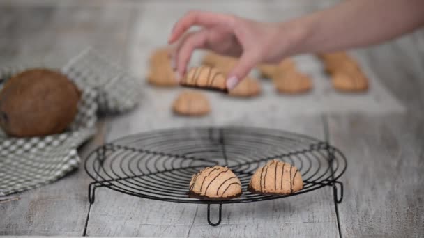 Świeżo upieczone ciasteczka kokosowe na kuchennym stoliku chłodzącym. — Wideo stockowe