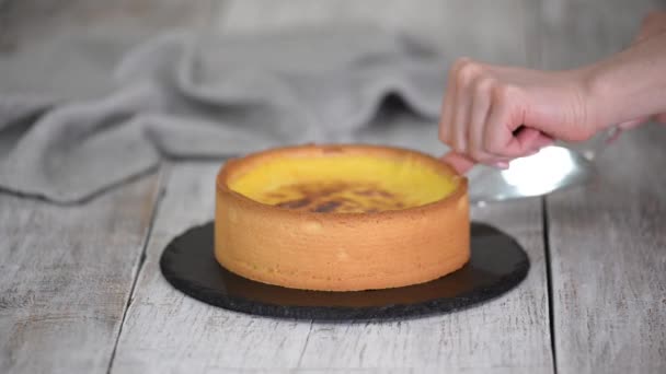 Torta de creme francês tradicional. Pasteleiro de flan doce. — Vídeo de Stock