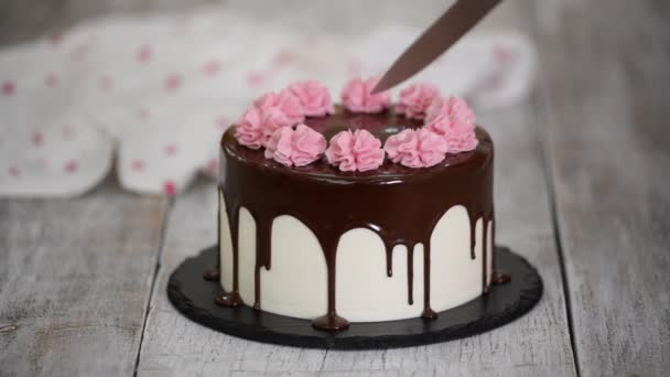 Primo piano tagliare la bella torta con un coltello a fette. — Video Stock
