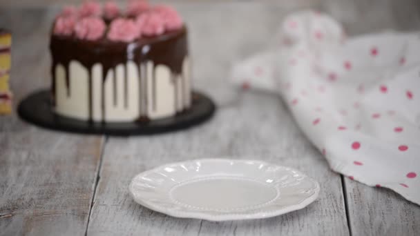 Pezzo di torta di ciliegie alla vaniglia fatta in casa con crema. — Video Stock