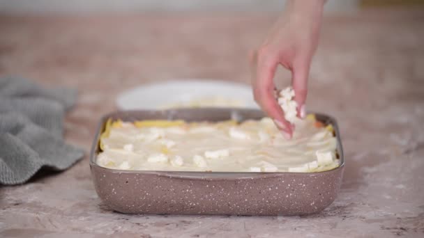 Lasagne mit Mozzarella bestreuen. — Stockvideo