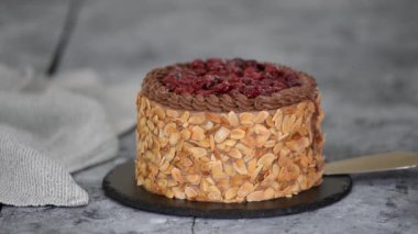 Homemade chocolate cake with mascarpone cream and cherry topped.