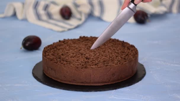 Coupe maison gâteau au chocolat sablé aux prunes. — Video