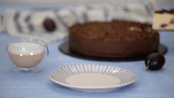 Pedaço de delicioso cheesecake caseiro com ameixas e chocolate crumble. — Vídeo de Stock