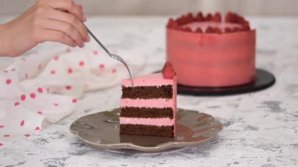 巧克力和覆盆子慕斯蛋糕。甜食. — 图库视频影像
