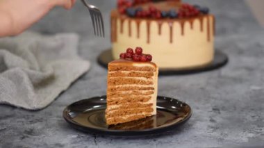 Böğürtlenlerle süslenmiş karamel katmanlı kek..