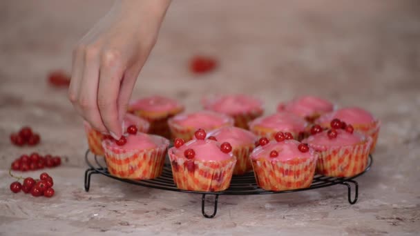 Γυναίκα Διακοσμημένο Ένα Νόστιμο Muffins Κόκκινα Φραγκοστάφυλα — Αρχείο Βίντεο