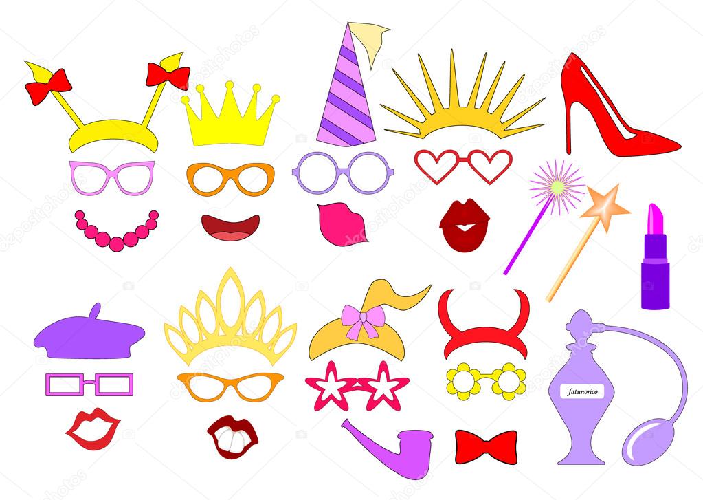 Hen-party ideas. Photo booth props and Elements for party girls. Mask template and scrapbooking vector set. Silhouettes and design elements for party props isolated on white background.