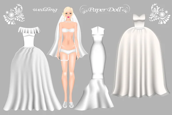 Vestir-se noiva boneca de papel. Boneca de papel de menina bonita. Modelos corporais. Vestidos de noiva de casamento —  Vetores de Stock