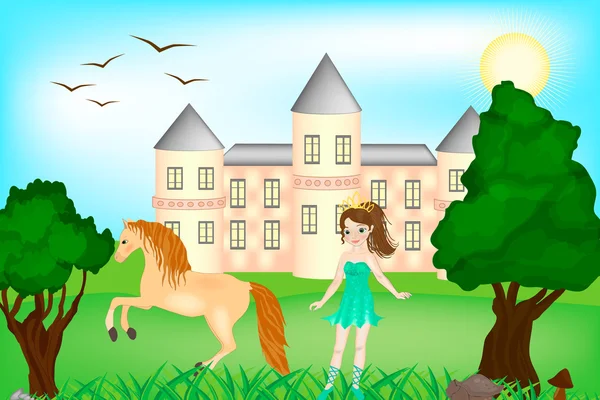 Schöner Hintergrund: kleine Prinzessin und ihr Schloss. Kulisse für Geschichten. Vektorillustration — Stockvektor