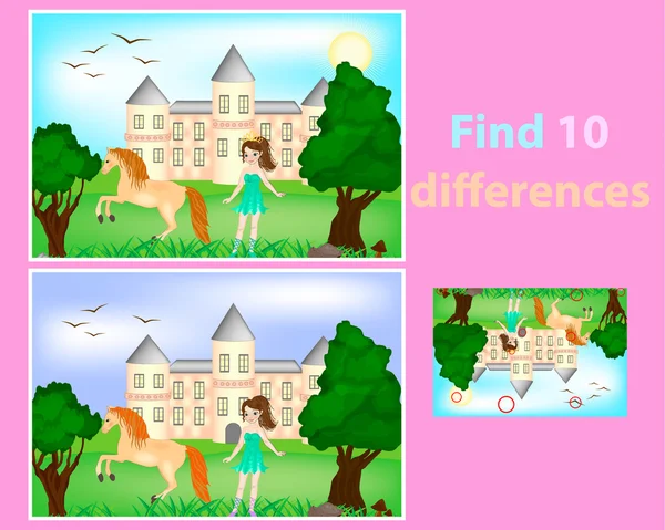 Jeu pour enfants : trouver des différences (petite princesse et son château ) — Image vectorielle