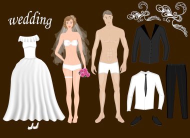 Kağıt bebek gelin ve damat. Vücut şablonu