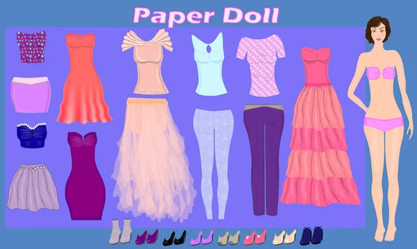 ファッションの服を持つ美しい少女の紙人形 — ストックベクタ