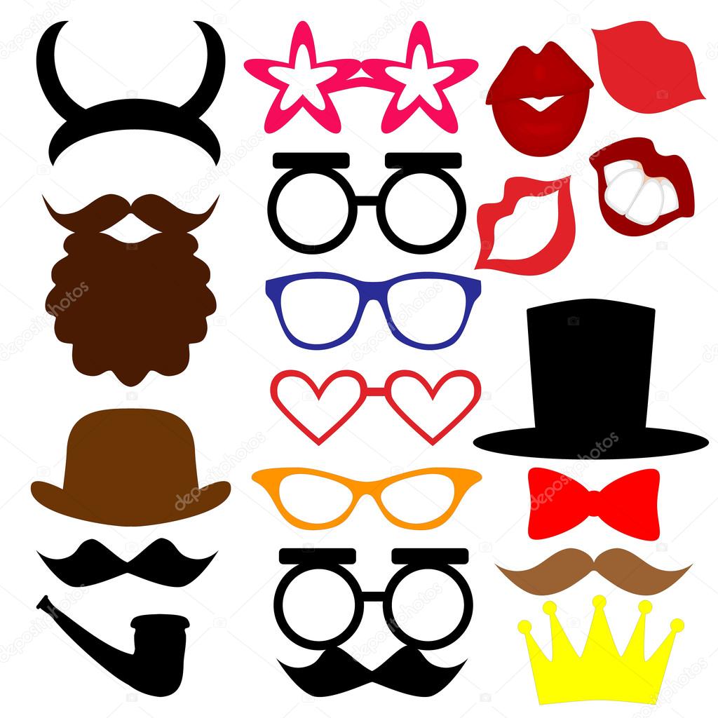 mustaches, lips, eyeglasses, crown, beard, horns, hat, tie silhouettes and design elements for party props isolated on white background