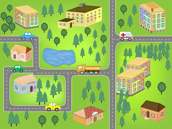 Χωρίς ραφή πρότυπο χάρτη κινουμένων σχεδίων. (δρόμοι, αυτοκίνητα και σπίτια) — Διανυσματικό Αρχείο