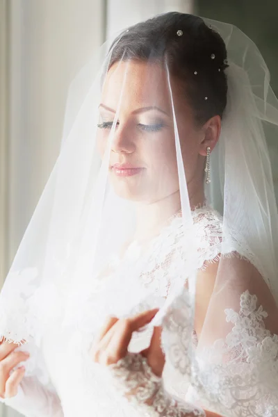 頭にベールを持つ美しい幸せな花嫁 — ストック写真