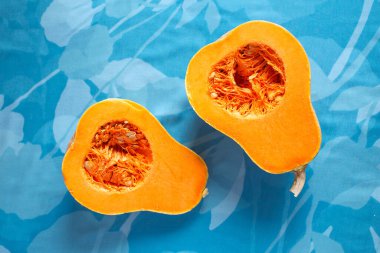 Mavi arka planda taze tereyağı ezmesi. Balkabağım benim. Çiğ portakallı balkabağı. Kontrastlı fotoğraf. Sağlıklı yemek hazırlama, yemek hazırlama fotoğrafları. Mevsimlik balkabağı pişirme 