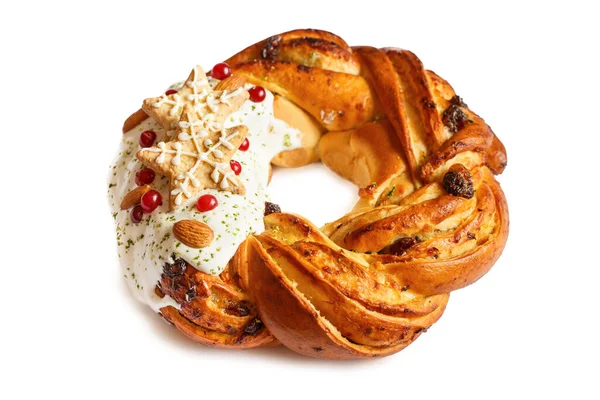 Sweet Brood Wreath Geïsoleerd Witte Achtergrond Honing Brioche Slinger Met — Stockfoto