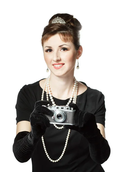 Portrait of a beautiful young woman with vintage camera — Stock Photo, Image