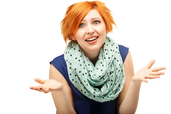Närbild porträtt av en rolig rödhårig flicka känslomässigt gesticu Stockbild