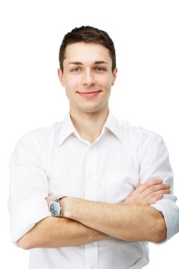 Beyaz arka plan üzerinde yakışıklı gülümseyen adam portresi