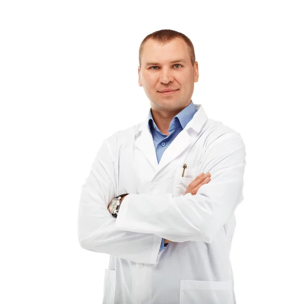 Retrato de um jovem médico masculino em um casaco branco — Fotografia de Stock