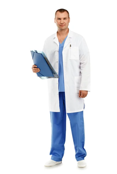 Full-length Portrait of a young male doctor in a white coat and — Stock Photo, Image