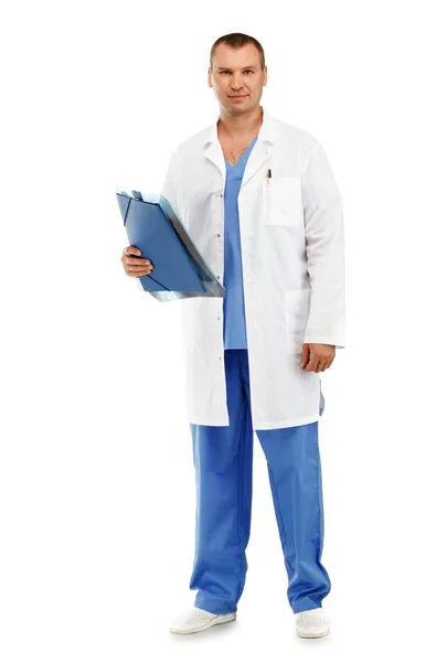 Full-length Portrait of a young male doctor in a white coat and — Stock fotografie