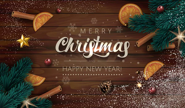 Темный рождественский иллюстрированный фон с еловыми ветвями, подарочными коробками, золотыми звездами, апельсинами и пряностями. Поздравляем Рождество и Новый год снежками — стоковый вектор
