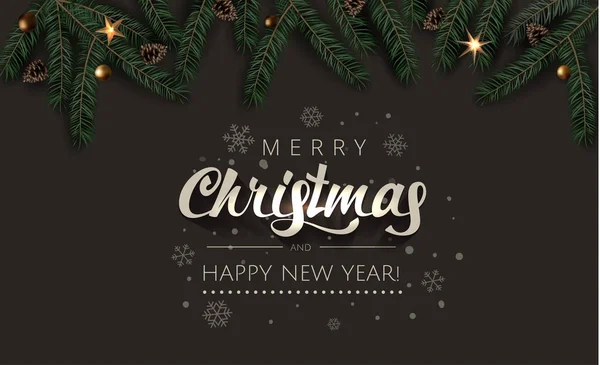 Natal Árvore de celebração ramos com cones de abeto, estrelas de ouro e contas de ouro no fundo Rich Dark. Feliz Natal e Feliz Ano Novo ilustração cartão de saudação —  Vetores de Stock