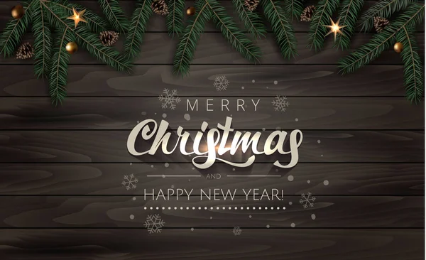 Natal Árvore de celebração ramos com cones de abeto, estrelas de ouro e contas no fundo Rich Dark Wood. Feliz Natal e Feliz Ano Novo ilustração cartão de saudação. —  Vetores de Stock