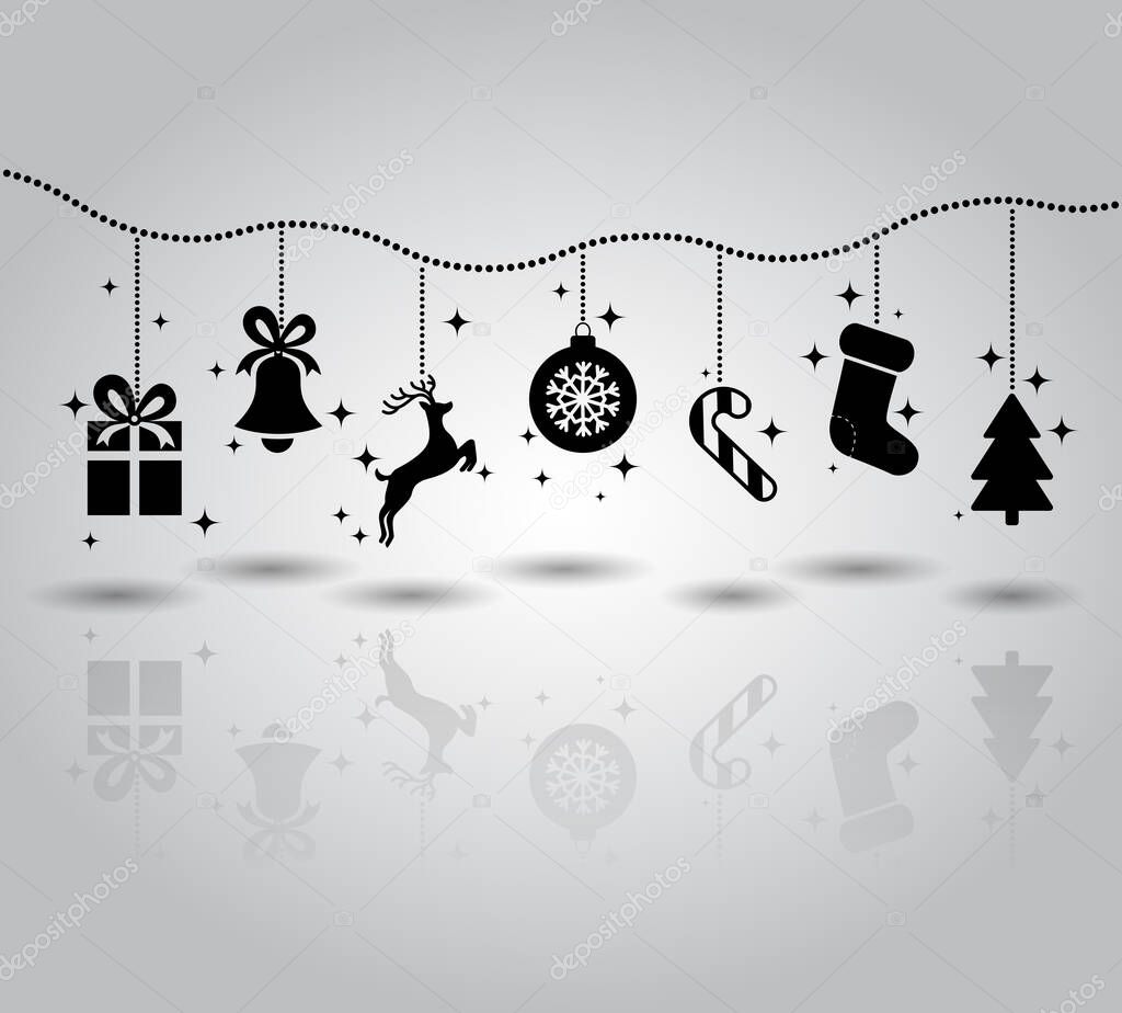 Christmas symbols flat icon garland. gift, bell, deer, ball, snowflake, candy, socks, spruce
