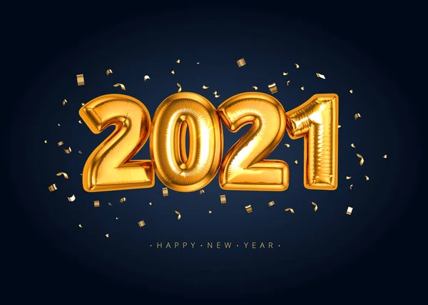 Happy New Year 2021 Banner with Golden Luxury Balloon Foil Text Gold Glowing Numbers isoalted on dark black background with confetti. — Stock Vector