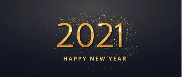 Feliz Ano Novo 2021 ouro design de cartão de felicitações de luxo. Número de sinal com pó de brilho dourado no fundo preto. —  Vetores de Stock