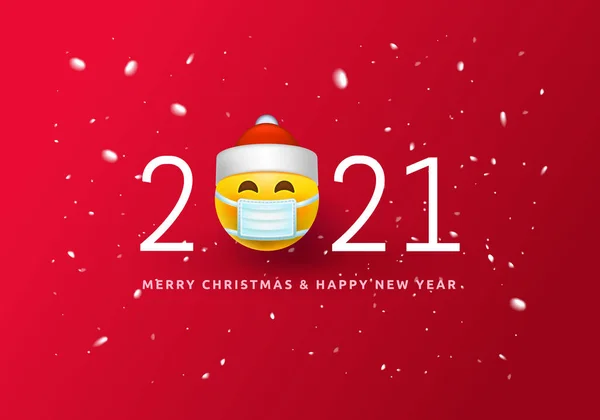 メリークリスマスとハッピーニューイヤーポスターやバナーシンボル笑顔絵文字サンタで医療マスクと番号2021小売、ショッピングやクリスマスプロモーションのための3dスマイリーCOVID-19絵文字 — ストックベクタ