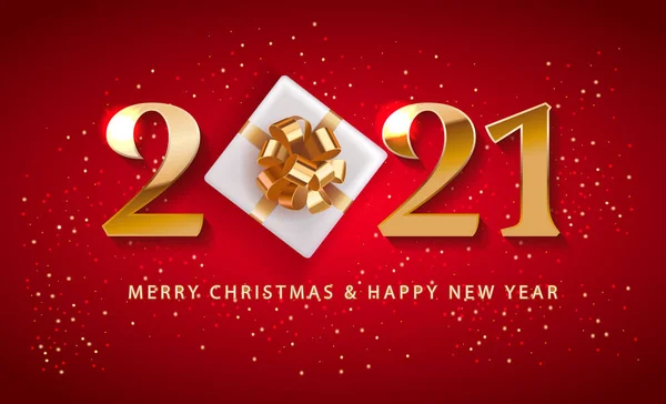 Feliz Natal e Feliz Ano Novo 2021 números logotipo Promoção Cartaz ou banner com caixa de presente vermelho, Compras ou Promoção de Natal em estilo vermelho e dourado. Fundo do vetor festivo Vetor De Stock