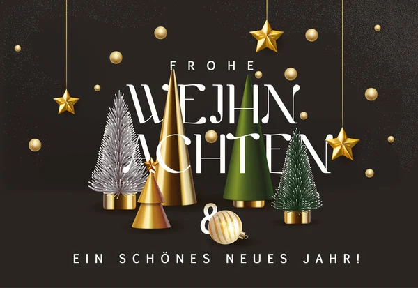 Schwarze Weihnachtskomposition mit traditioneller Dekoration, Weihnachtsbäume, Goldsterne, Weihnachtskugel. Weihnachtsgrußkarte vorhanden. Vektorillustration Vektorgrafiken